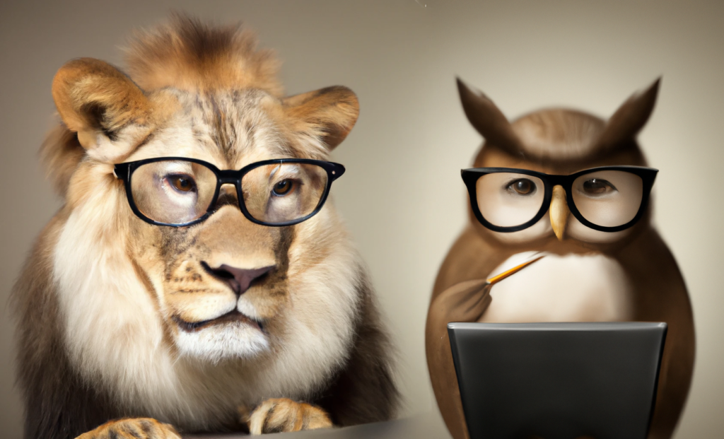 Owl empowering a Lion with computer