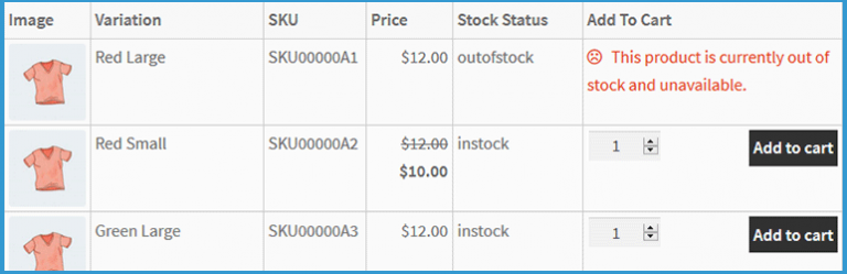 Ni WooCommerce Product Variations Table